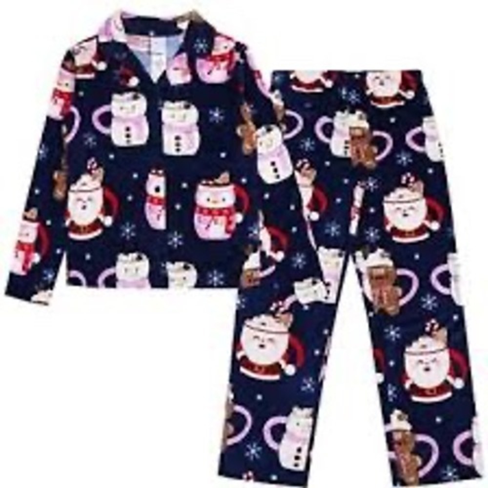 Jellifish Kids Holiday Pajamas Set Navy Blue Santa Snowman Fleece Size M 7/8